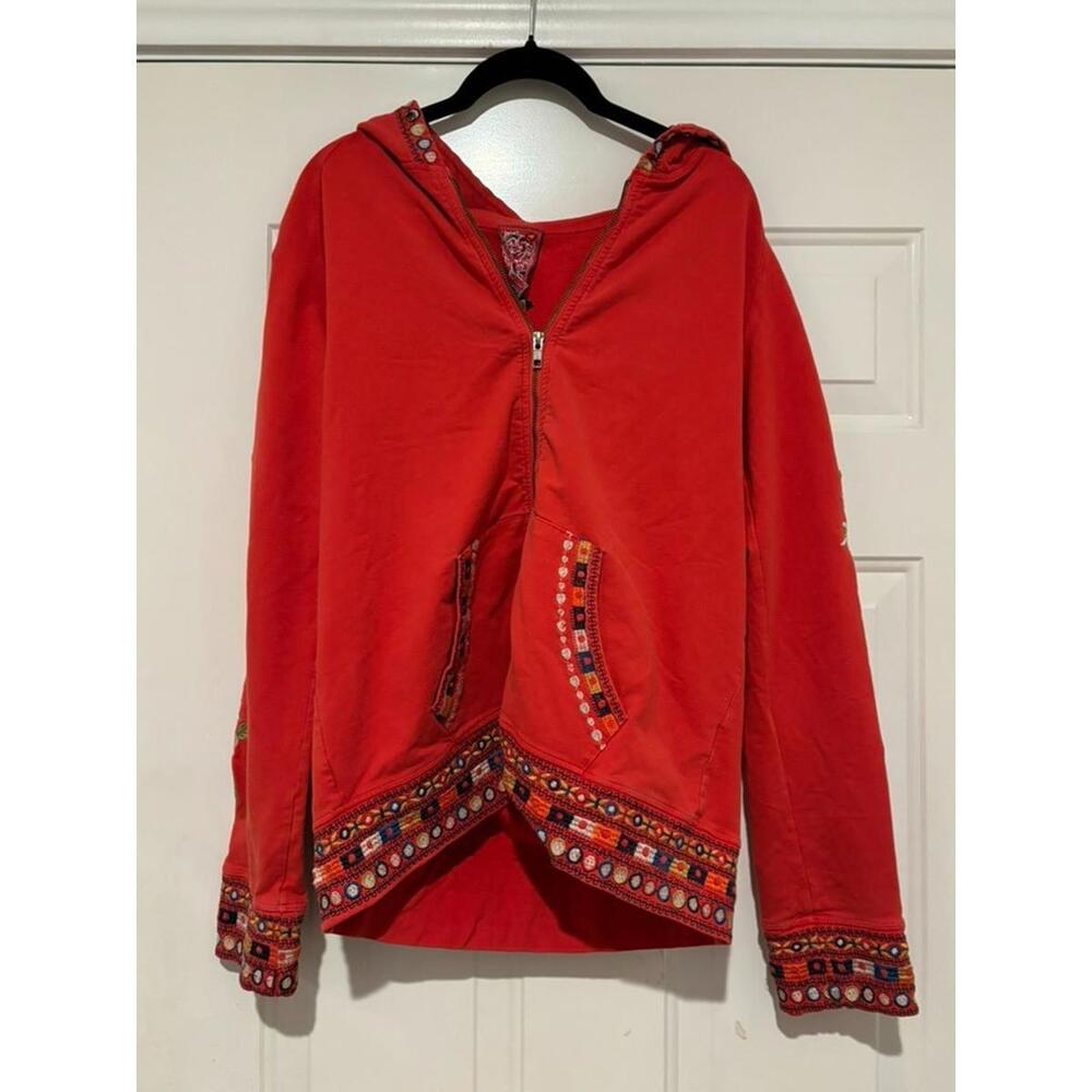 Women's sz M Johnny Was red embroided boho hoodie zip up #1292 FLAW ON HOOD